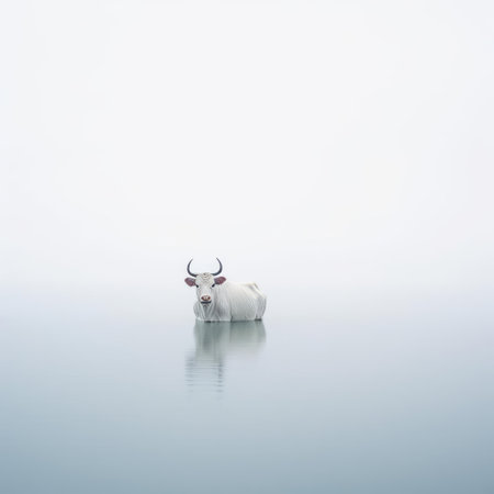 the bull, majestically centered in a serene, monochromatic background, exemplifies the essence of japanese minimalism, its rustic charm and gentle gaze captivating the viewer in this stunning 32k resolution photograph, perfect for those who appreciate simplicity and elegance in art. ai generatedの素材