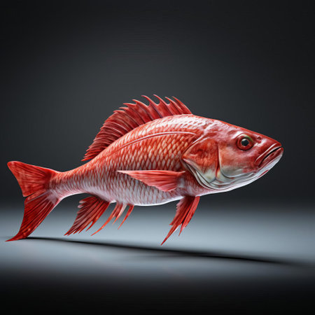 the 3d zombie red mullet, with its eerie gaze, stands upright on a pristine white isolated background, showcasing its gruesome yet fascinating features, perfect for horror-themed designs, video games, and spooky visual effects, evoking a sense of dread and foreboding. ai generatedの素材