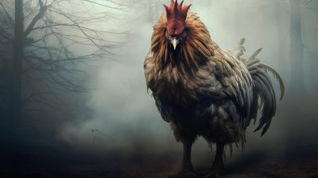 a giant sabretooth chicken, with an unsettling appearance, stands majestically in a foggy forest background, its long legs and thin body covered in a thick, fur-like plumage, its ugly eyes seeming ill, creating a hauntingly realistic and eerie atmosphere, reminiscent of a prehistoric era. ai generatedの素材