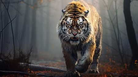 the giant sabretooth tiger, with its thick, luscious fur, stands majestically in a foggy forest background, its long legs and powerful build a testament to its dominance, despite its ill and ugly eyes, showcasing a realistic and detailed fotorealistisch depiction of a prehistoric predator. ai generatedの素材