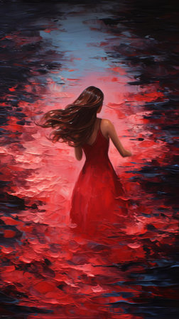 the vibrant scarlet acrylic paint illustration bursts with impressionist flair, evoking the dreamy, soft-focus quality of claude monet's water lilies, as bold brushstrokes and textured layers meld in a mesmerizing dance of color and light, capturing the essence of modern impressionist art. ai generatedの素材