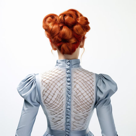 the aria model showcases a stunning rear view, posing with her back to the camera against a crisp white background, her hair styled in a chic french twist, exuding elegance and sophistication, perfect for fashion, beauty, and hairstyle inspiration. ai generatedの素材