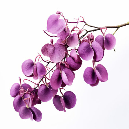 the akebia fruit, also known as the chocolate vine, is showcased in stunning detail in this isolated product photography shot against a crisp white background, highlighting its unique purple color and intricate texture, perfect for use in e-commerce, advertising, and culinary editorial content. ai generatedの素材
