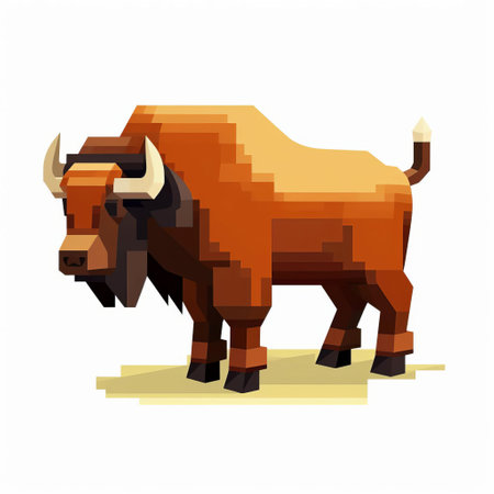 this bison, depicted in a vibrant 3d 8-bit pixel art style, stands proudly against a crisp white background, showcasing its full body in stunning detail, perfect for gamers, pixel enthusiasts, and wildlife lovers alike, evoking a sense of nostalgia and digital charm. ai generatedの素材