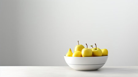 the fruit bowl, crafted with sleek minimalist design, takes center stage on a pristine white background, evoking a sense of modern sophistication and simplicity, perfect for a contemporary kitchen or dining space, exuding a sense of cleanliness and elegance in home decor. ai generatedの素材