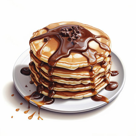 delicious pancakes stacked high with rich, velvety chocolate shavings, perfectly arranged on a clean white background, evoking a sense of warmth and comfort, ideal for breakfast or brunch enthusiasts, and anyone craving a sweet treat, indulging in a chocolatey delight. ai generatedの素材