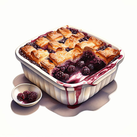 the decadent blackberry cobbler, infused with rich chocolate, sits elegantly on a pristine white background, showcasing the perfect blend of sweet and tart flavors, ideal for dessert lovers and food enthusiasts alike, evoking feelings of warmth and comfort on a cozy evening. ai generatedの素材