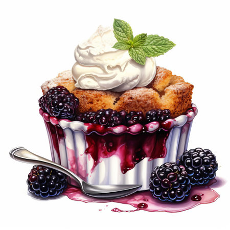 the blackberry cobbler, topped with a rich chocolate crust, sits elegantly on a pristine white background, showcasing the perfect blend of sweet and tart flavors, ideal for dessert lovers and food enthusiasts alike, highlighting the beauty of comfort food photography. ai generatedの素材