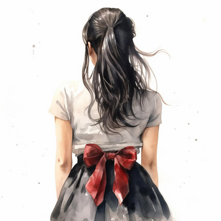 a young woman stands confidently in a full-body pose, her rear view showcased against a crisp white background, her stylish bangs framing her face, beautifully captured in a delicate watercolour style, evoking a sense of elegance and sophistication. ai generatedの素材
