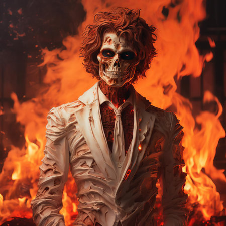 a haunting classicism skeleton stands defiantly amidst flames, evoking the edgy, avant-garde style of harry styles, with meticulous attention to detail and thick, textured brushstrokes, blending street art-inspired grit with refined, high-fashion sensibilities. ai generatedの素材