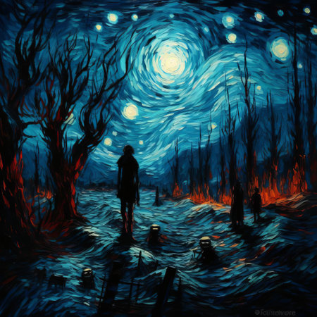 "elsa, the undead queen, rises from the icy grave, her frostbitten skin decaying, as anna, her zombie sister, lurks in the shadows, surrounded by swirling clouds of darkness, in this haunting, van gogh-inspired masterpiece, where the magic of arendelle has turned to macabre horror, frozen in eternal torment.", ai generatedの素材