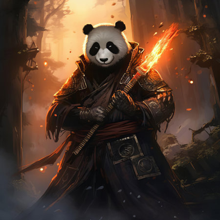 the panda, clad in mystical armor, stands vigilant amidst a hauntingly beautiful, mist-shrouded forest, surrounded by ancient ruins and twisted, gnarled trees, evoking a sense of foreboding and wonder in this dark fantasy realm inspired by the gothic horror of darkest dungeon. ai generatedの素材