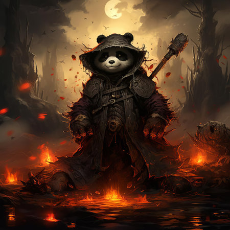the panda, clad in mystical armor, stands valiantly amidst a hauntingly beautiful, eerie landscape, surrounded by twisted, gnarled trees and flickering, ethereal lanterns, evoking a sense of foreboding and wonder in this dark fantasy realm inspired by darkest dungeon. ai generatedの素材