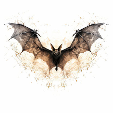 a majestic bat, beautifully rendered in stunning algorithmic art, is isolated on a pristine white background, showcasing its full body in intricate detail, highlighting its delicate wings and curious expression, a true marvel of digital artistry and nature-inspired design. ai generatedの素材