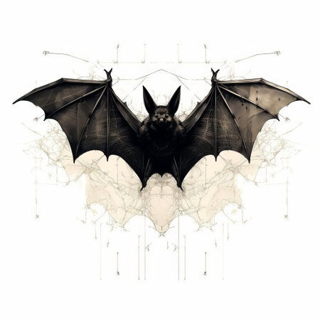 a bat, isolated on a pristine white background, showcases its majestic full-body pose, highlighting its intricate wing details and subtle facial features, exemplifying the fusion of nature and algorithmic art in a stunning visual representation. ai generatedの素材