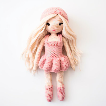 the knitted amy doll, isolated on a pristine white background, showcases its intricate details and vibrant colors, highlighting the artistry of knitting and crochet techniques, perfect for craft enthusiasts, toy collectors, and photography lovers of miniature figurines and handmade art. ai generatedの素材