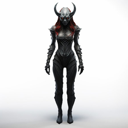 the demon, a 3d rendered female creature, stands confidently on a pure white background, showcasing her intricate details and vibrant red skin tone, perfect for fantasy and horror themed designs, digital art, and conceptual illustrations, highlighting her full body in a striking pose. ai generatedの素材