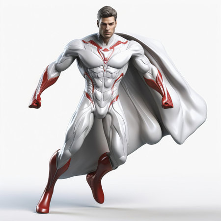 the powerful 3d male superhero stands confidently on a pristine white background, showcasing his vibrant costume and dynamic pose, perfect for comic book illustrations, graphic novels, or digital art projects, highlighting the iconic superhero symbol on his chest. ai generatedの素材