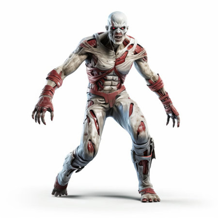 the 3d zombie superhero, standing tall in a powerful pose, is isolated on a pristine white background, showcasing its full body in stunning detail, highlighting its gruesome yet heroic features, perfect for fantasy and horror themed designs, illustrations, and digital art. ai generatedの素材