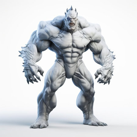the 3d monster superhero, standing tall with its vibrant green skin and razor-sharp claws, dominates the frame, isolated on a pristine white background, showcasing its powerful full-body physique, ready to unleash its fury in a futuristic metropolis, evoking a sense of sci-fi fantasy and action-packed adventure. ai generatedの素材