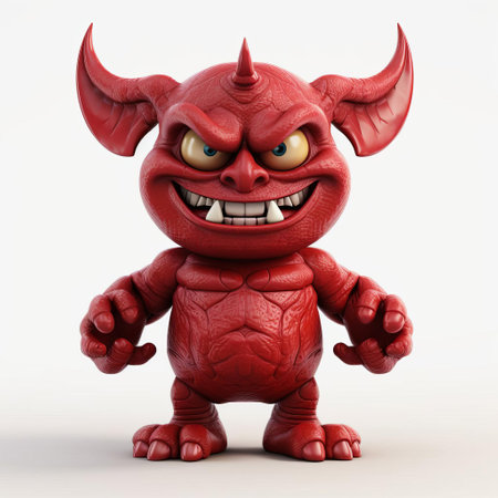 the demon, a 3d cute male character, stands confidently on a pristine white background, showcasing his vibrant red skin and sharp horns, perfect for fantasy and mythology-inspired designs, digital art, and creative projects requiring a playful yet mischievous creature. ai generatedの素材
