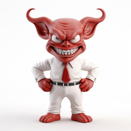 the demon, a 3d cute male character, stands confidently on a pure white background, showcasing his vibrant red skin, sharp horns, and pointed tail, perfect for fantasy and mythology-inspired designs, digital art, and graphic novels, evoking a sense of mischief and playfulness. ai generatedの素材