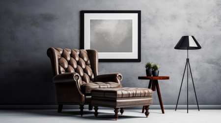 the recliner, adorned with a blank poster frame, sits elegantly atop a stylish ottoman, illuminated by professional studio lighting, showcasing a unique and artistic composition that has garnered award-winning recognition, perfect for interior design and home decor inspiration. ai generatedの素材