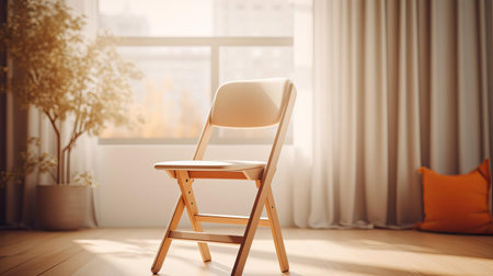 the elegant folding chair, adorned with a blank poster frame, sits poised on a window seat, basking in the soft glow of studio lighting, showcasing a masterclass in professional photography, exuding an artistic and unique flair that's worthy of an award-winning shot, perfect for creative projects and commercial use. ai generatedの素材