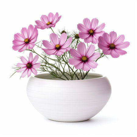 the elegant bowl vase cosmos, isolated on a pristine white background, showcases its delicate petals and vibrant colors, perfect for adding a touch of simplicity and elegance to any home decor or still life photography composition, highlighting the beauty of minimalist floral arrangements. ai generatedの素材