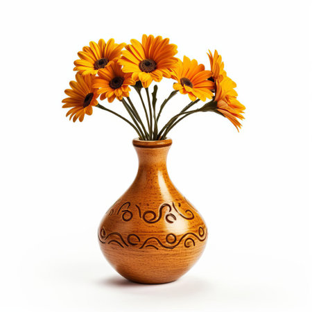 the simple gourd vase, adorned with a beautiful daisy, sits elegantly isolated on a pristine white background, showcasing its unique, earthy charm and rustic beauty, perfect for adding a touch of natural elegance to any home decor or floral arrangement. ai generatedの素材