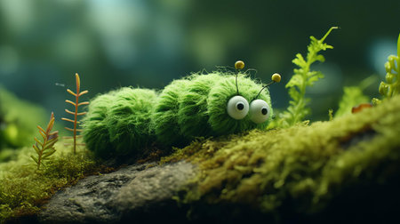 the tundra landscape serves as a unique backdrop for a whimsical felt stop-motion caterpillar, captured in stunning 4k resolution, with a shallow depth of field that highlights the intricate details of the caterpillar's fuzzy body, set against a muted, low-saturation hemp-inspired color palette. ai generatedの素材