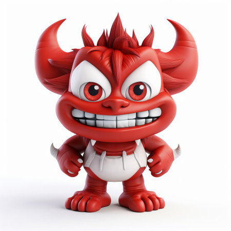 the demon, a 3d cute male character, stands confidently on a white background, showcasing his full body with vibrant red skin, horns, and a mischievous grin, perfect for fantasy and mythology-inspired designs, digital art, and illustrations. ai generatedの素材
