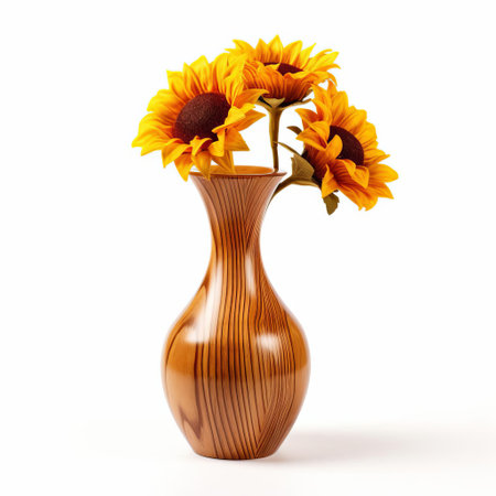 the wooden vase, adorned with a beautiful sunflower, stands elegantly isolated on a pristine white background, showcasing the perfect blend of natural beauty and rustic charm, ideal for home decor inspiration, floral arrangement ideas, and rustic country style interior design. ai generatedの素材