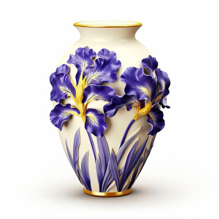 the decorative vase, adorned with an elegant iris pattern, sits serenely against a pristine white background, showcasing its intricate design and vibrant colors, perfect for adding a touch of sophistication to any home decor or office space, ideal for floral arrangements or as a standalone decorative piece. ai generatedの素材