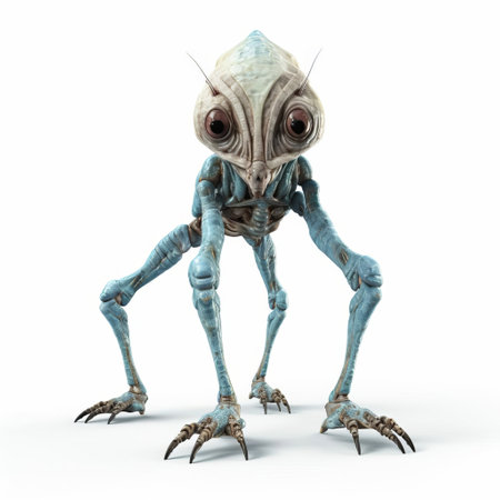 the 3d creature, a fantastical being with intricate details, stands proudly on a pristine white background, showcasing its full body in a stunning isolated pose, perfect for fantasy and science fiction designs, digital art, and futuristic visualizations. ai generatedの素材