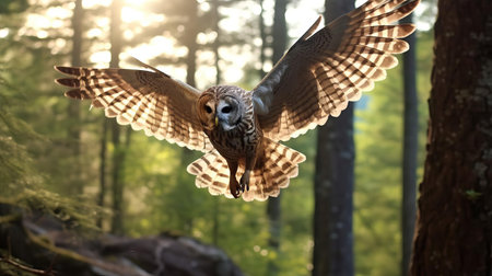 the barred owl, a majestic bird of prey, is captured in mid-air, its wings spread wide as it soars through the dense forest at high speed, showcasing its remarkable agility and speed, a breathtaking moment frozen in time in stunning 8k resolution. ai generatedの素材