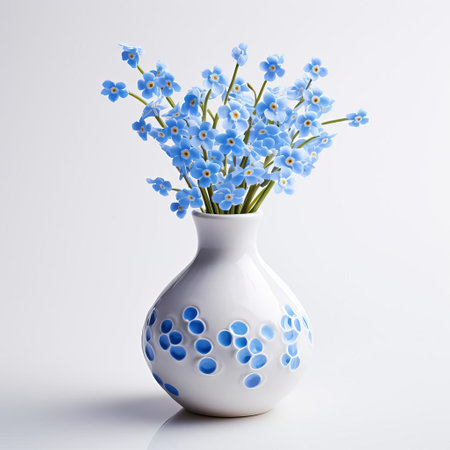 the delicate bud vase, adorned with a bouquet of forget-me-not flowers, sits elegantly on a pristine white background, showcasing the beauty of simplicity and the charm of these small, blue blooms, perfect for adding a touch of serenity to any room's decor, home styling, or still life photography. ai generatedの素材