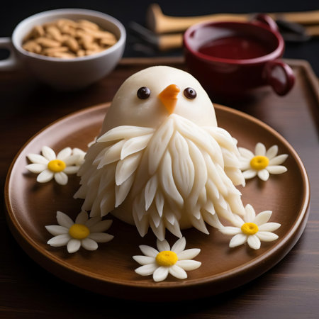 this seagull-shaped dumplings pastry, adorned with intricate designs, sits atop a rustic wooden table, surrounded by scattered sesame seeds and fresh herbs, evoking a sense of coastal cuisine and asian-inspired flavors, perfect for a seafood-themed dinner party or beachside gathering. ai generatedの素材