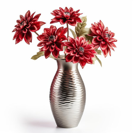 the metal vase, adorned with elegant curves and sleek lines, beautifully showcases a stunning dahlia flower, its delicate petals and vibrant colors popping against a crisp white background, perfect for home decor inspiration and floral arrangement ideas. ai generatedの素材