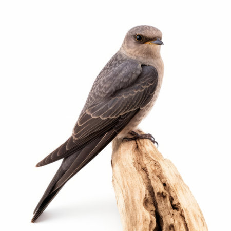 the chimney swift, a swift and agile bird, is showcased in stunning isolation on a pristine white background, highlighting its sleek, dark brown plumage and distinctive white throat patch, a striking visual representation of this migratory bird's unique characteristics. ai generatedの素材