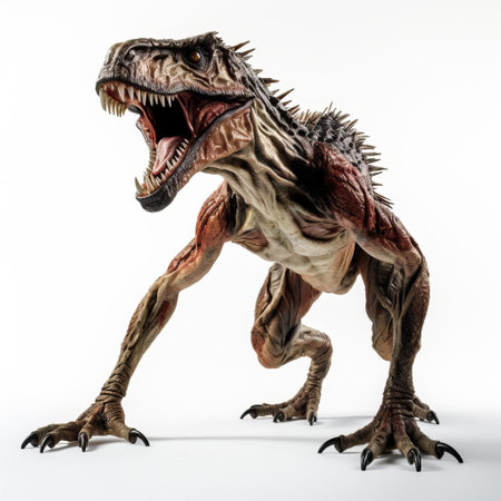a menacing 3d velociraptor zombie stands upright on a pristine white isolated background, its razor-sharp claws and teeth gleaming in the light, evoking a sense of prehistoric horror and apocalyptic dread, perfect for fantasy and sci-fi art enthusiasts and designers. ai generatedの素材