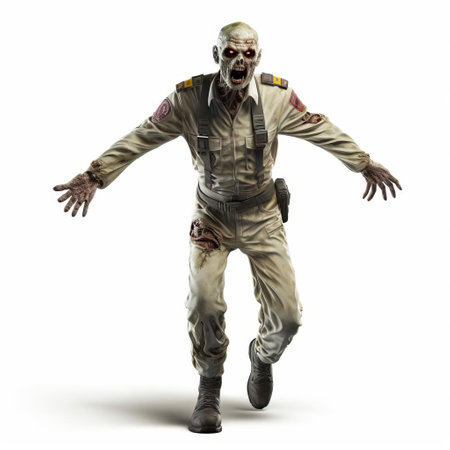 the 3d zombie flight lieutenant, dressed in a worn and tattered military uniform, stands proudly against a pristine white background, showcasing its gruesome yet intriguing features, perfect for horror and sci-fi enthusiasts, 3d modelers, and digital artists seeking unique and eerie characters. ai generatedの素材