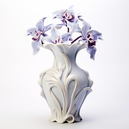 the handmade vase, adorned with elegant curves and delicate patterns, cradles a beautiful orchid, its petals a gentle blend of white and purple, isolated on a pristine white background, evoking a sense of serenity and sophistication, perfect for home decor and interior design inspiration. ai generatedの素材