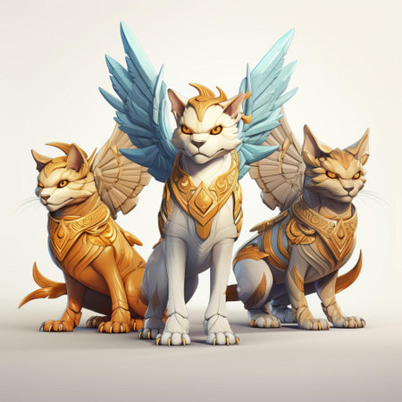 the majestic sphinxes, depicted in a stunning cel-shaded 3d illustration, gaze directly at the camera, their mythical bodies showcased in full glory against a pristine white background, evoking ancient egyptian mystique and mystery, perfect for history buffs and art enthusiasts alike. ai generatedの素材