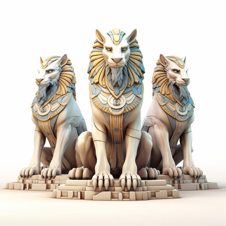 the majestic sphinxes, rendered in stunning cel-shaded 3d, gaze directly at the camera, their mythical grandeur amplified against a pristine white background, showcasing their full-bodied, intricately detailed forms, evoking ancient egyptian mystique and modern digital artistry. ai generatedの素材