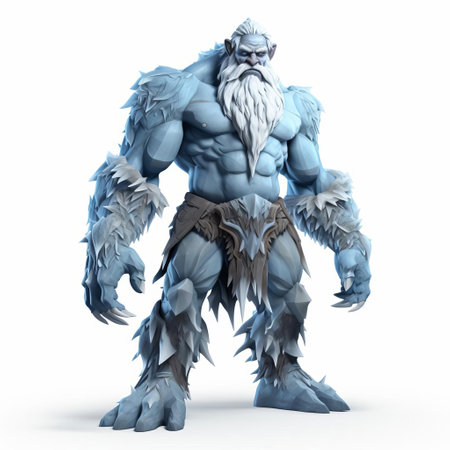 the frost giant, a mythical creature from norse mythology, stands tall in this stunning 3d rendering, its cel-shaded design accentuating its icy blue skin and rugged features, as it gazes directly at the camera against a crisp white background, showcasing its imposing full-body physique. ai generatedの素材