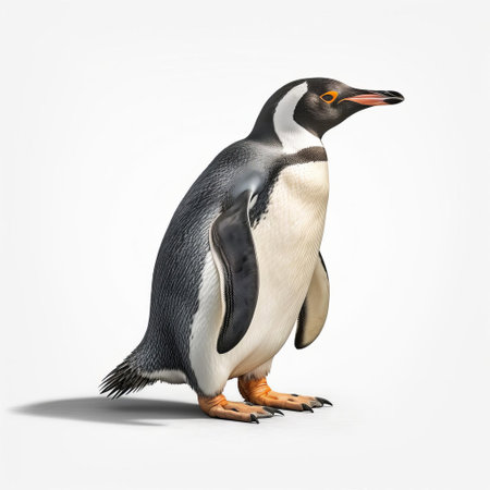 a penguin, dressed in a farmer's attire, is captured in a stunning full-back angle view, showcasing its unique farm labor persona, in this hyper-realistic photography masterpiece, boasting incredible detail and clarity in 4k resolution, set against a pristine white background. ai generatedの素材