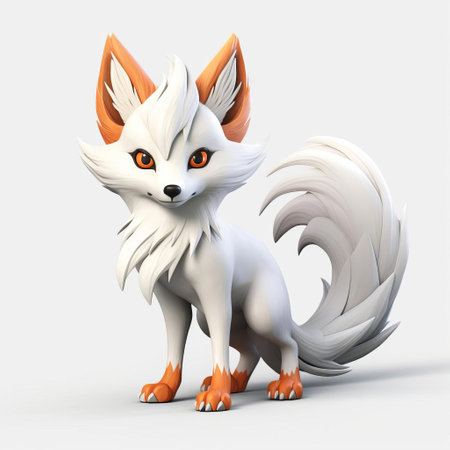 this stunning simple cel shaded 3d kitsune, a mythical japanese fox spirit, gazes directly at the camera with an air of mystique, set against a crisp white background, showcasing its full body in intricate detail, perfect for fans of japanese folklore and mythology. ai generatedの素材
