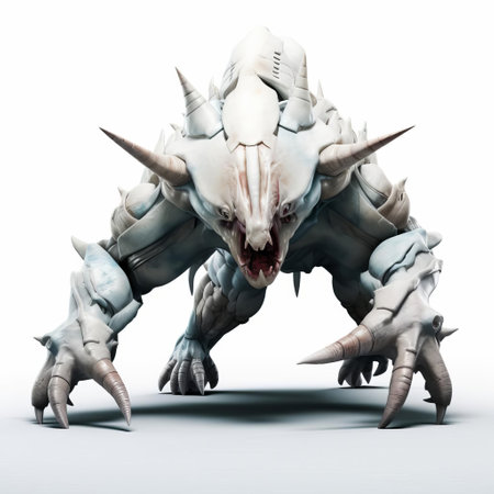 the abomination, a hauntingly fascinating creature, stares directly at the camera with an unsettling intensity, its simple yet eerie cel-shaded 3d design set against a pristine white background, showcasing its grotesque full-body form in all its terrifying glory, perfect for horror and dark fantasy enthusiasts. ai generatedの素材