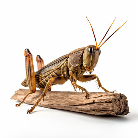a cricket, poised in a full back angle view, showcases its intricate details in this hyper-realistic photograph, captured in stunning 4k resolution against a pristine white background, highlighting the insect's textured exoskeleton and delicate limbs, perfect for farm labor and entomology enthusiasts. ai generatedの素材